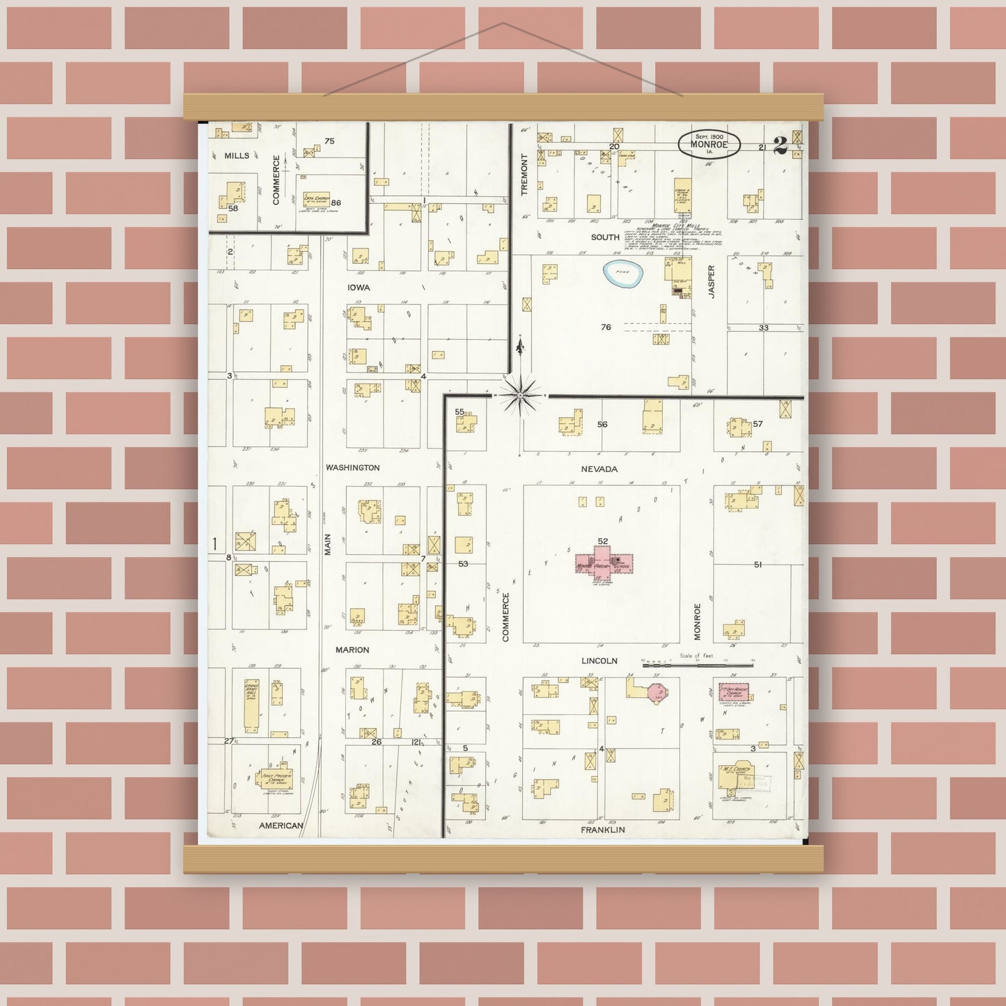 Old map wall art mockup — magnetic wood frame on brick wall — Sanborn Fire Insurance Map from Monroe, Jasper County, Iowa (1900), Sheet #0002
