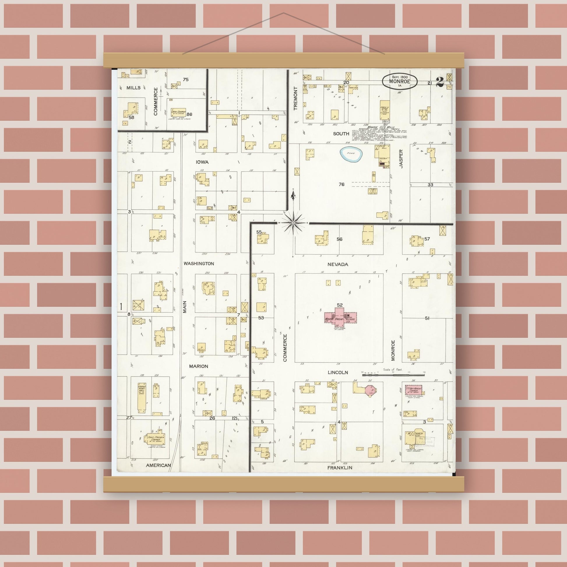 Old map wall art mockup — magnetic wood frame on brick wall — Sanborn Fire Insurance Map from Monroe, Jasper County, Iowa (1900), Sheet #0002