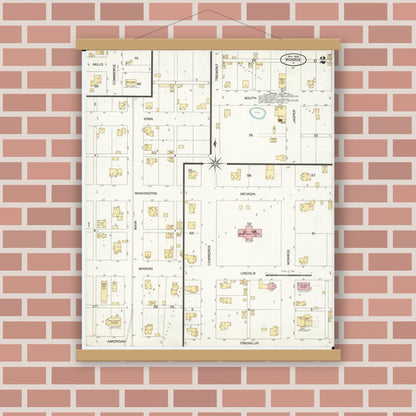 Old map wall art mockup — magnetic wood frame on brick wall — Sanborn Fire Insurance Map from Monroe, Jasper County, Iowa (1900), Sheet #0002