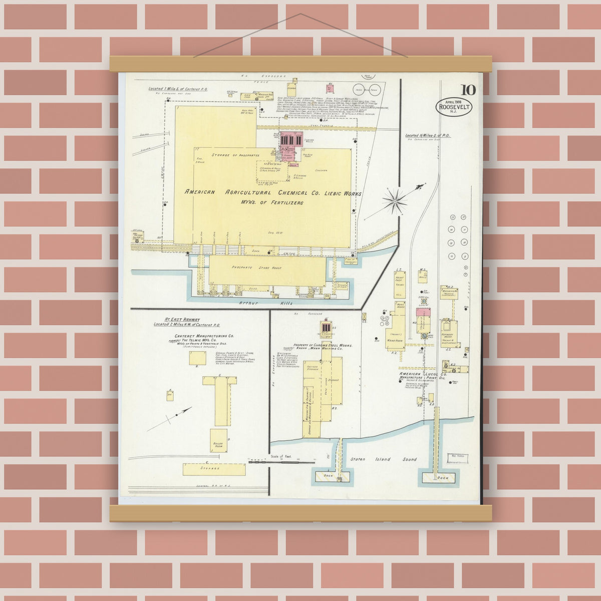 Old map wall art mockup — magnetic wood frame on brick wall — Sanborn Fire Insurance Map from Roosevelt, Middlesex County, New Jersey (1908), Sheet #0010