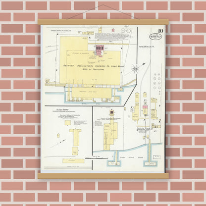 Old map wall art mockup — magnetic wood frame on brick wall — Sanborn Fire Insurance Map from Roosevelt, Middlesex County, New Jersey (1908), Sheet #0010