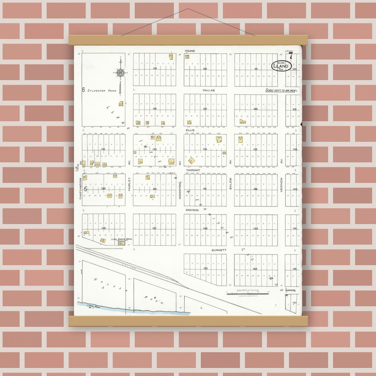 Old map wall art mockup — magnetic wood frame on brick wall — Sanborn Fire Insurance Map from Llano, Llano County, Texas (1921), Sheet #0007