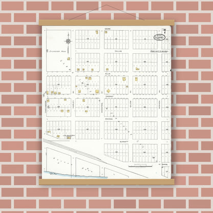 Old map wall art mockup — magnetic wood frame on brick wall — Sanborn Fire Insurance Map from Llano, Llano County, Texas (1921), Sheet #0007