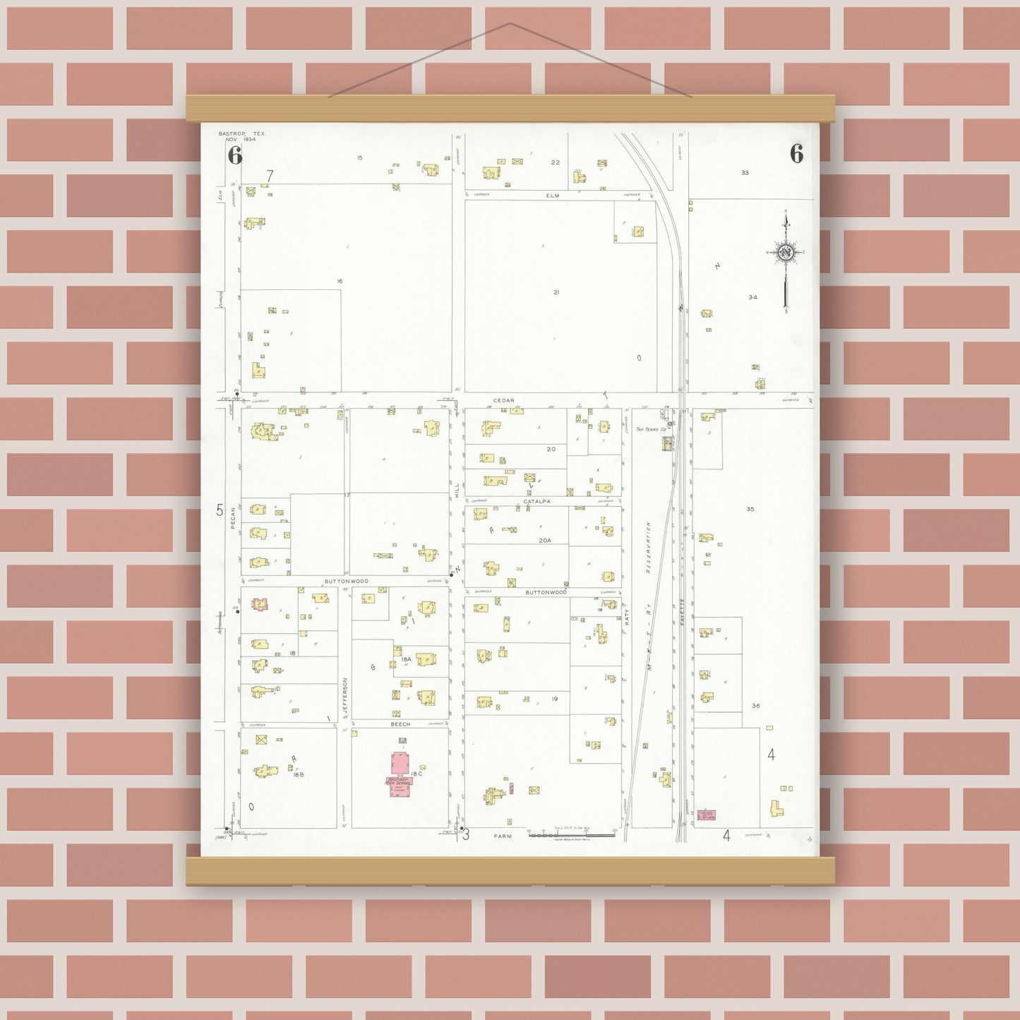 Old map wall art mockup — magnetic wood frame on brick wall — Sanborn Fire Insurance Map from Bastrop, Bastrop County, Texas (1934), Sheet #0006