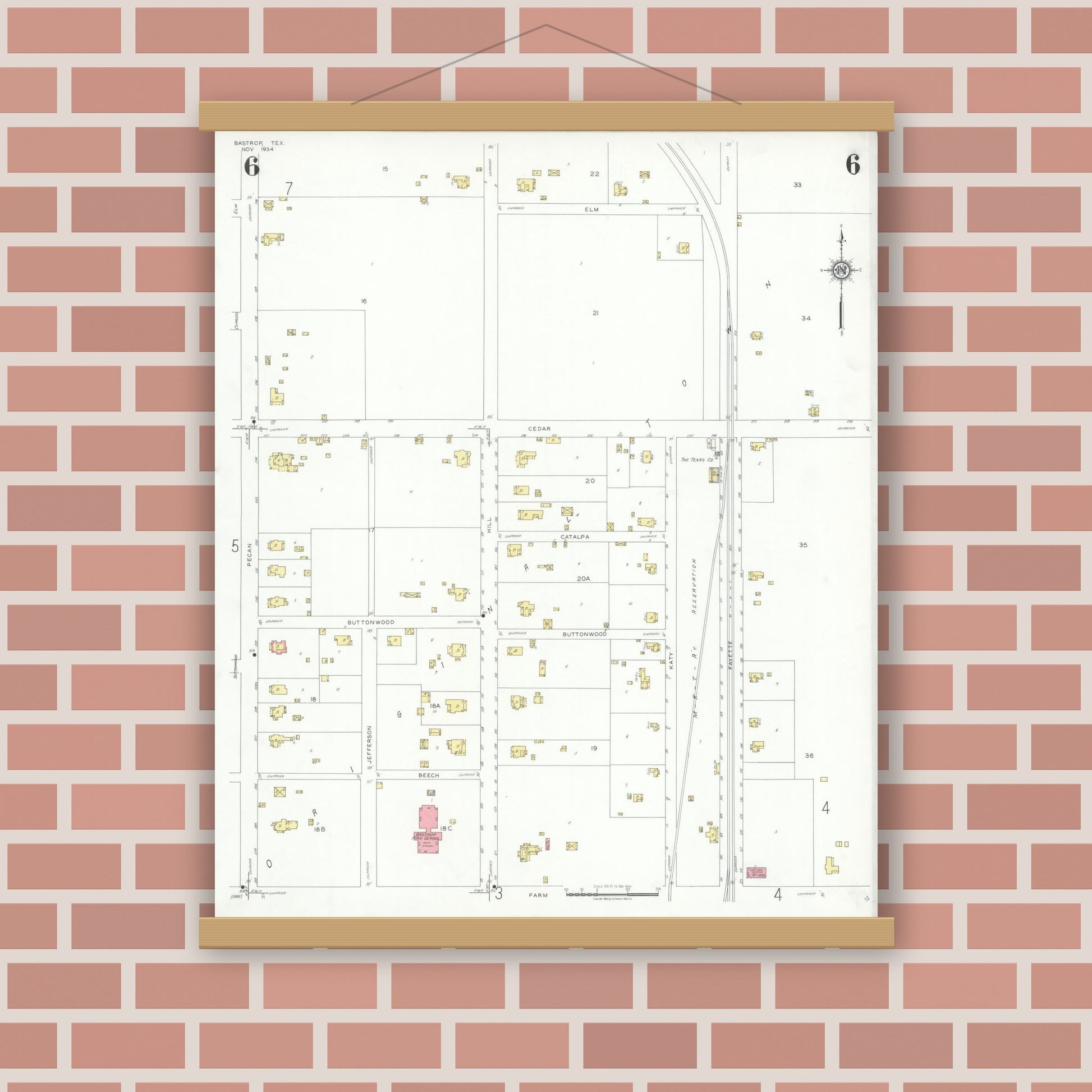 Old map wall art mockup — magnetic wood frame on brick wall — Sanborn Fire Insurance Map from Bastrop, Bastrop County, Texas (1934), Sheet #0006