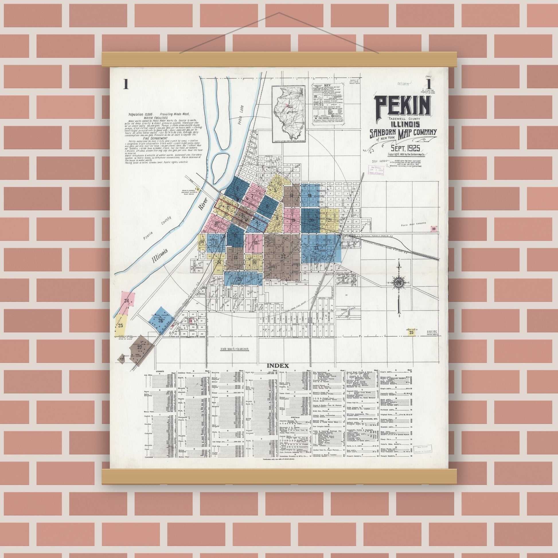 Old map wall art mockup — magnetic wood frame on brick wall — Sanborn Fire Insurance Map from Pekin, Tazewell County, Illinois (1925), Sheet #0001