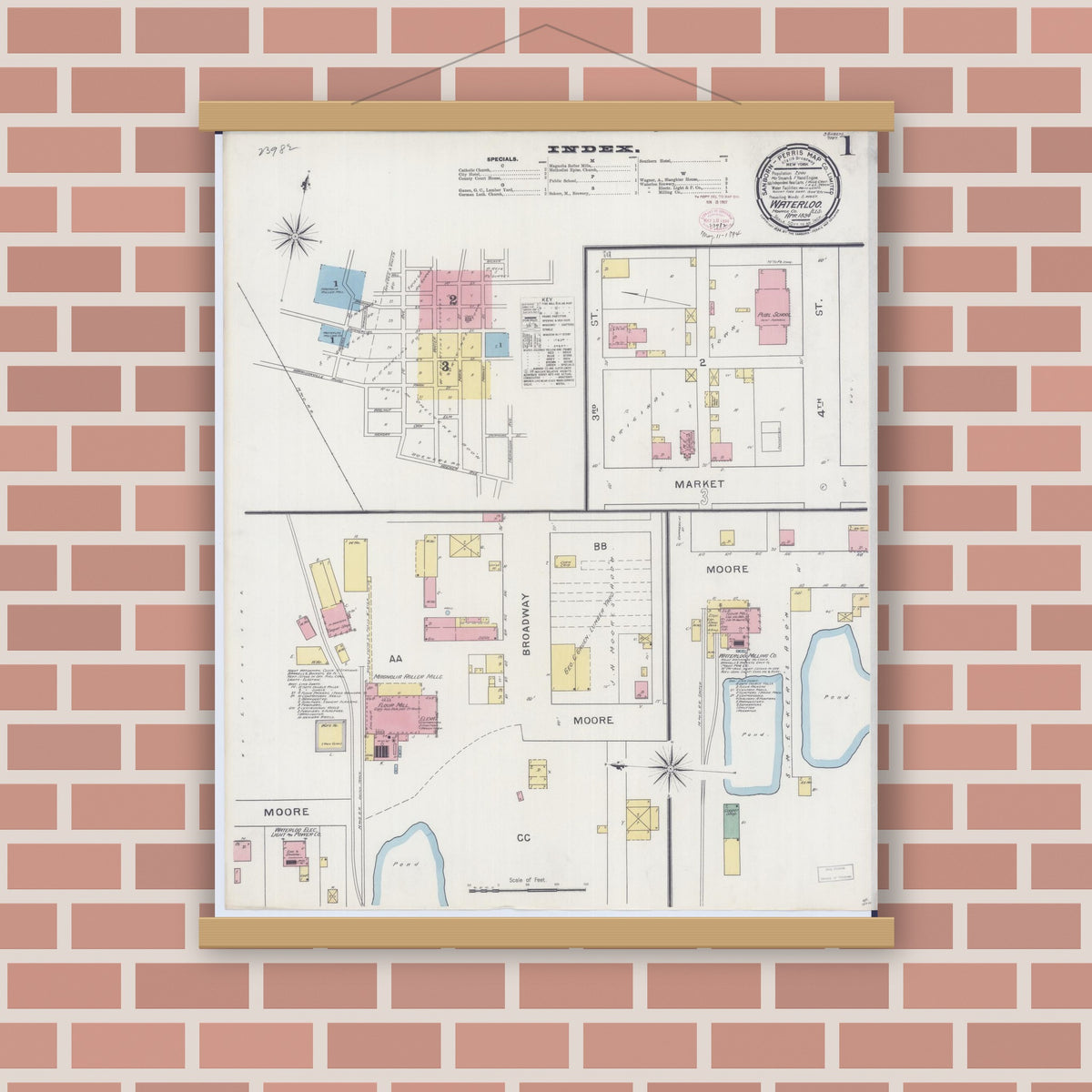 Old map wall art mockup — magnetic wood frame on brick wall — Sanborn Fire Insurance Map from Waterloo, Monroe County, Illinois (1898) - Complete Map Set