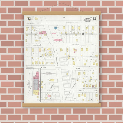 Old map wall art mockup — magnetic wood frame on brick wall — Sanborn Fire Insurance Map from Wayne, Wayne County, Michigan (1926), Sheet #0012