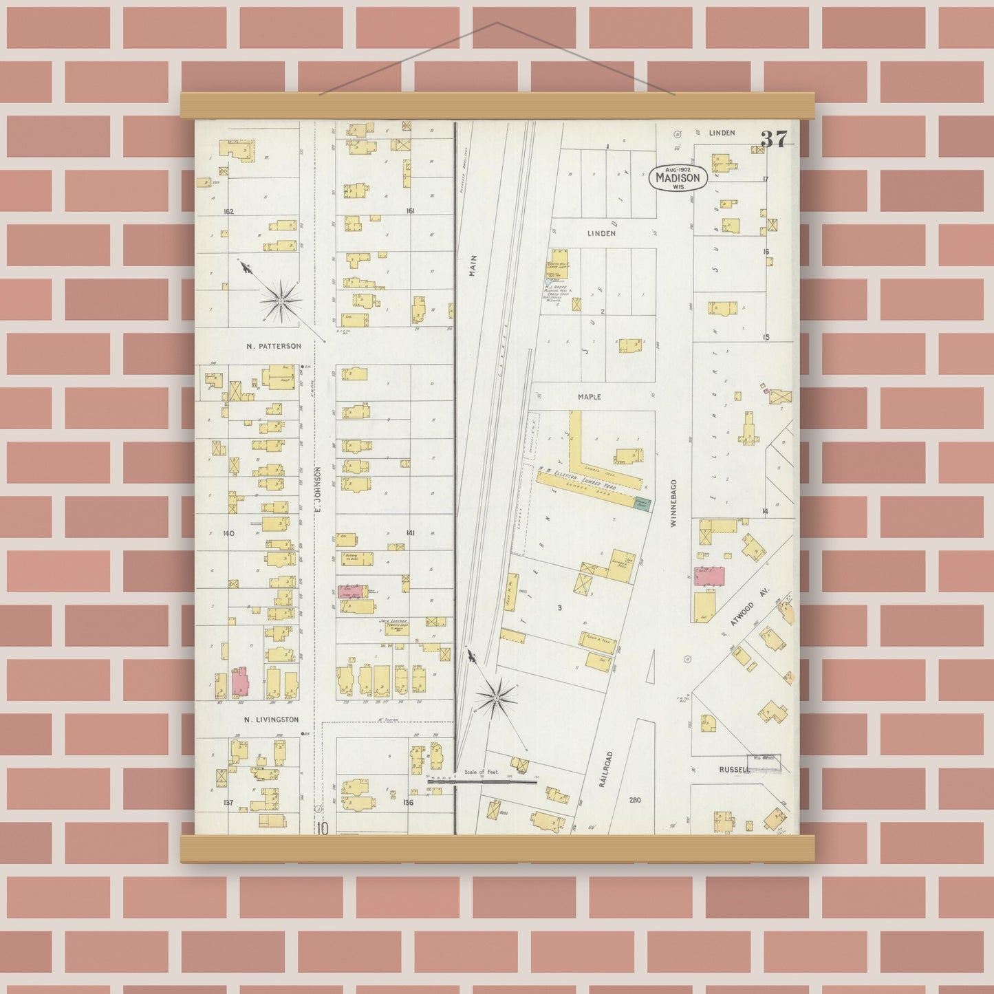Old map wall art mockup — magnetic wood frame on brick wall — Sanborn Fire Insurance Map from Madison, Dane County, Wisconsin (1902), Sheet #0037