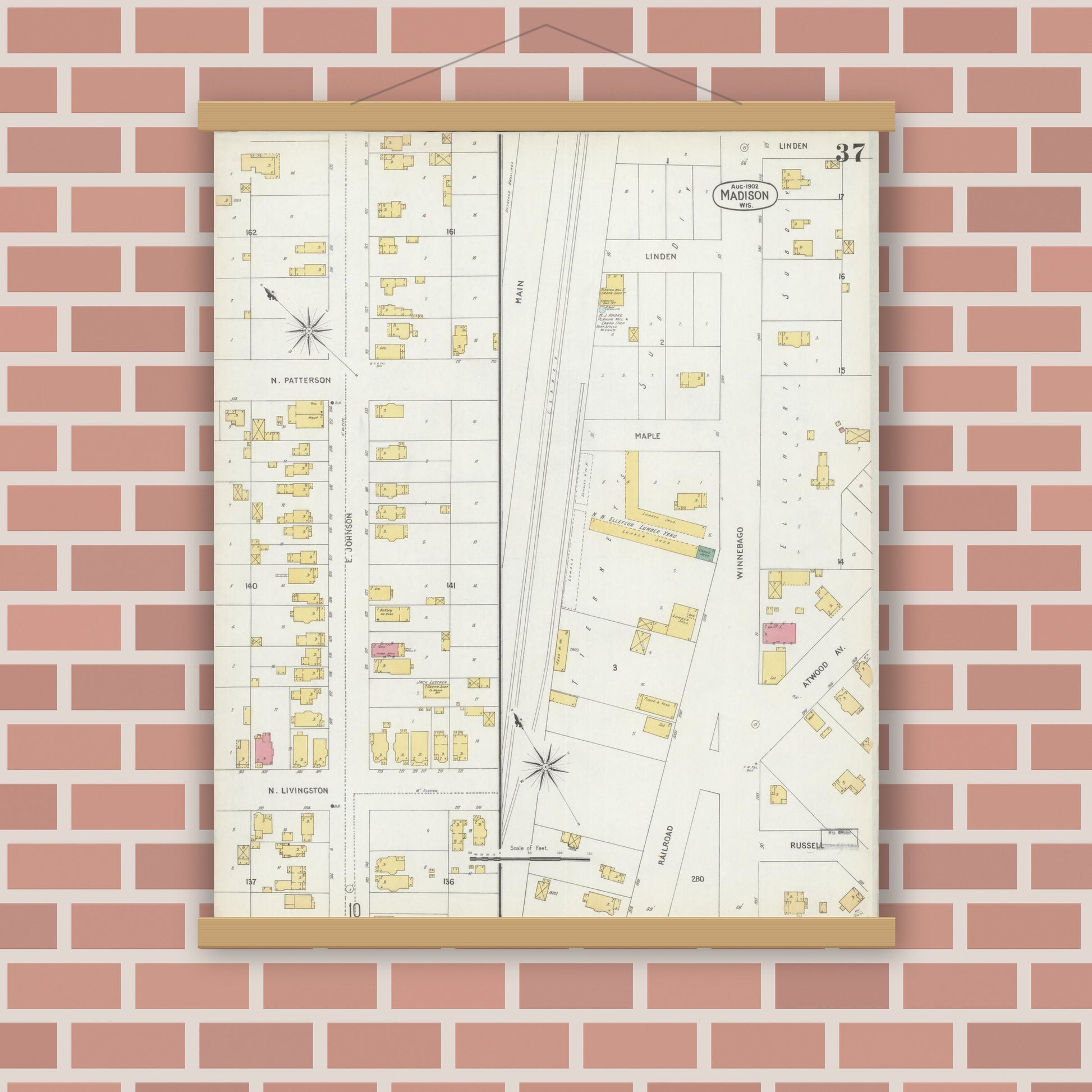 Old map wall art mockup — magnetic wood frame on brick wall — Sanborn Fire Insurance Map from Madison, Dane County, Wisconsin (1902), Sheet #0037
