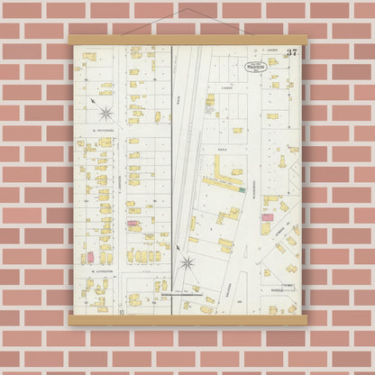 Old map wall art mockup — magnetic wood frame on brick wall — Sanborn Fire Insurance Map from Madison, Dane County, Wisconsin (1902), Sheet #0037