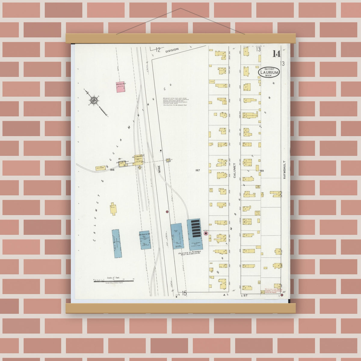 Old map wall art mockup — magnetic wood frame on brick wall — Sanborn Fire Insurance Map from Laurium, Houghton County, Michigan (1917), Sheet #0014