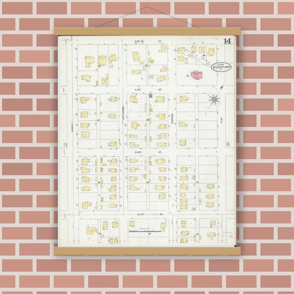 Old map wall art mockup — magnetic wood frame on brick wall — Sanborn Fire Insurance Map from Beardstown, Cass County, Illinois (1906), Sheet #0014