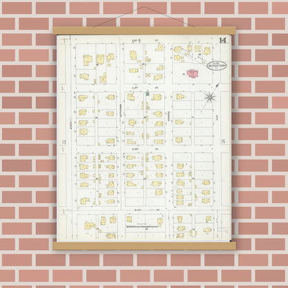 Old map wall art mockup — magnetic wood frame on brick wall — Sanborn Fire Insurance Map from Beardstown, Cass County, Illinois (1906), Sheet #0014