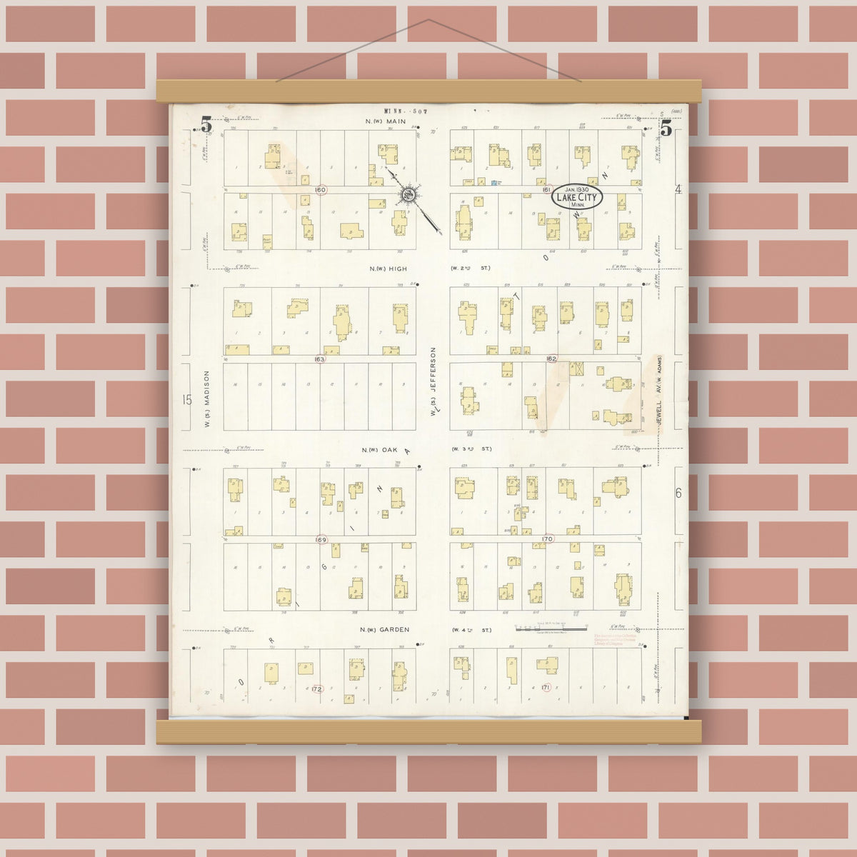 Old map wall art mockup — magnetic wood frame on brick wall — Sanborn Fire Insurance Map from Lake City, Wabasha County, Minnesota (1938), Sheet #0005