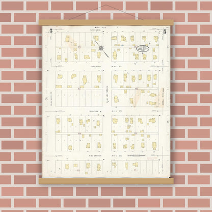 Old map wall art mockup — magnetic wood frame on brick wall — Sanborn Fire Insurance Map from Lake City, Wabasha County, Minnesota (1938), Sheet #0005