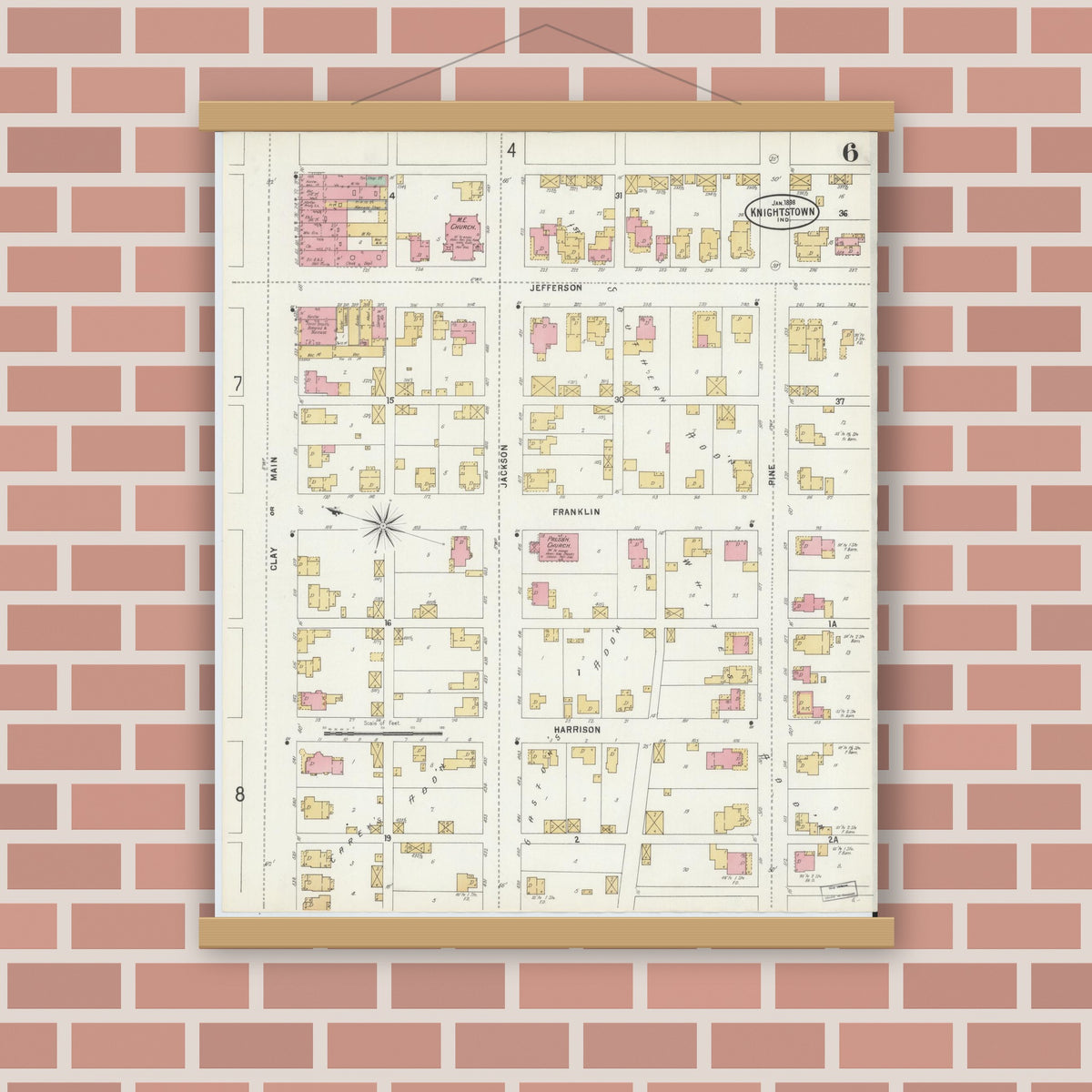 Old map wall art mockup — magnetic wood frame on brick wall — Sanborn Fire Insurance Map from Knightstown, Henry County, Indiana (1898), Sheet #0006