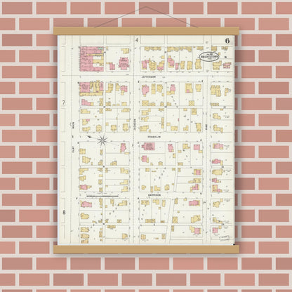 Old map wall art mockup — magnetic wood frame on brick wall — Sanborn Fire Insurance Map from Knightstown, Henry County, Indiana (1898), Sheet #0006