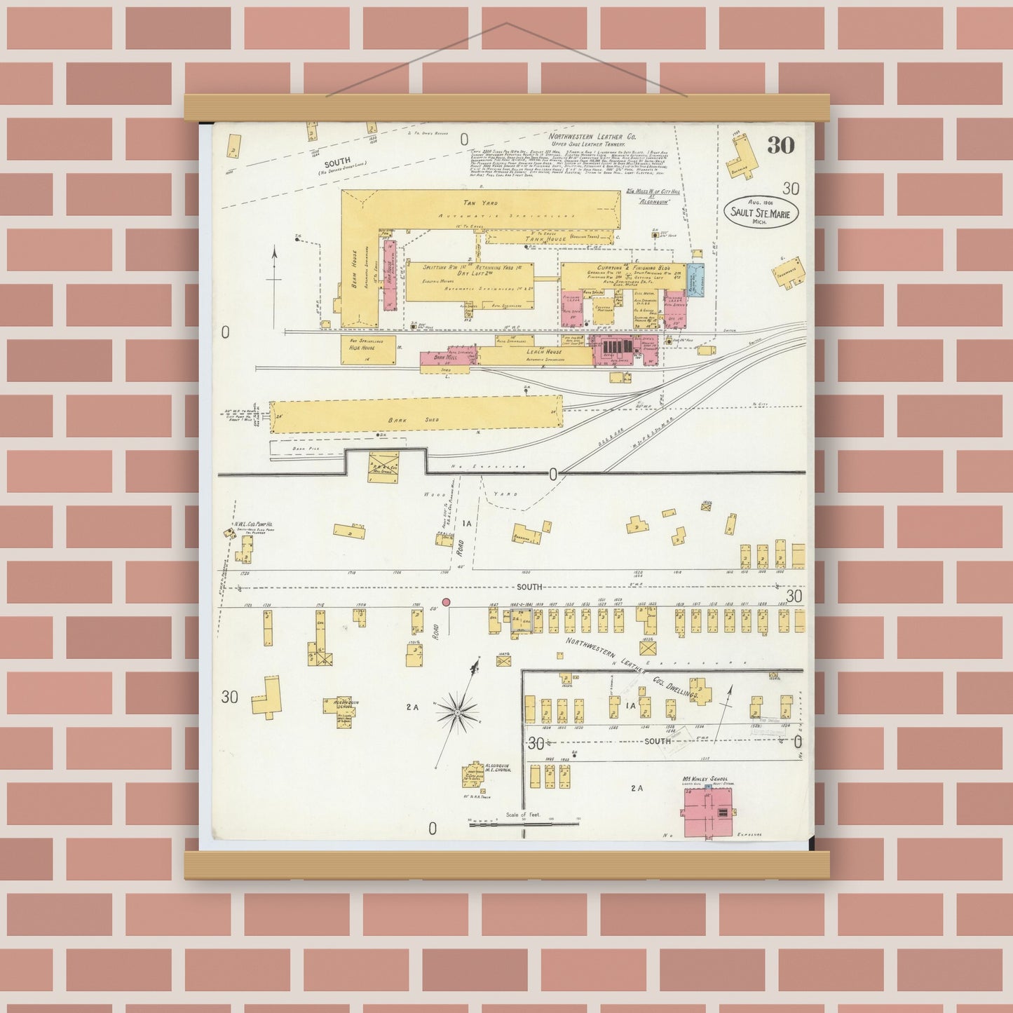 Old map wall art mockup — magnetic wood frame on brick wall — Sanborn Fire Insurance Map from Sault Sainte Marie, Chippewa County, Michigan (1906), Sheet #0030