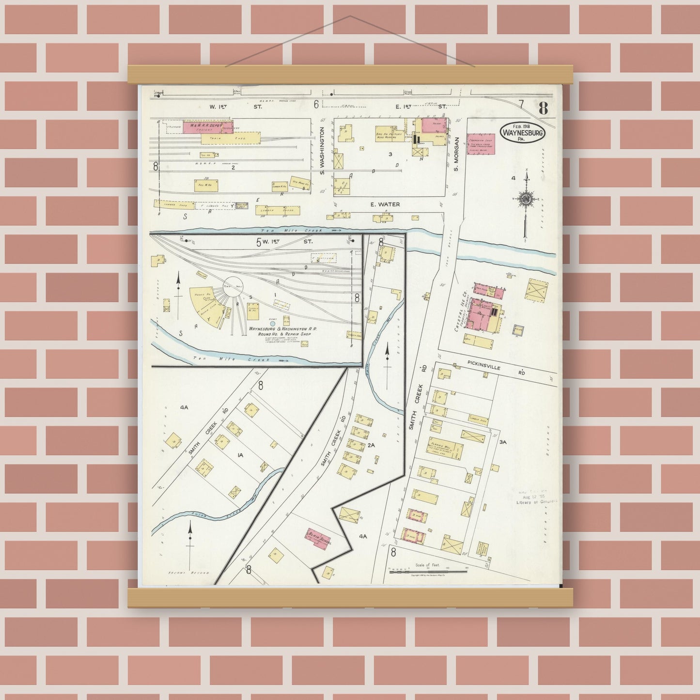 Old map wall art mockup — magnetic wood frame on brick wall — Sanborn Fire Insurance Map from Waynesburg, Greene County, Pennsylvania (1918), Sheet #0008