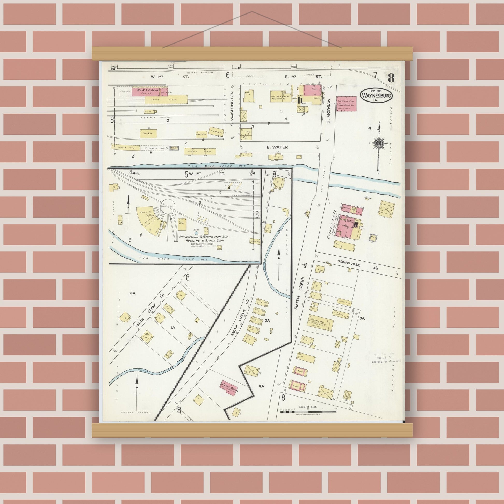 Old map wall art mockup — magnetic wood frame on brick wall — Sanborn Fire Insurance Map from Waynesburg, Greene County, Pennsylvania (1918), Sheet #0008