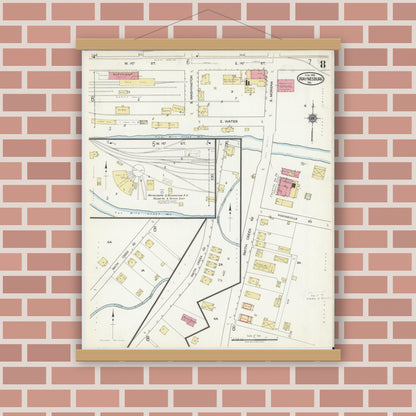 Old map wall art mockup — magnetic wood frame on brick wall — Sanborn Fire Insurance Map from Waynesburg, Greene County, Pennsylvania (1918), Sheet #0008