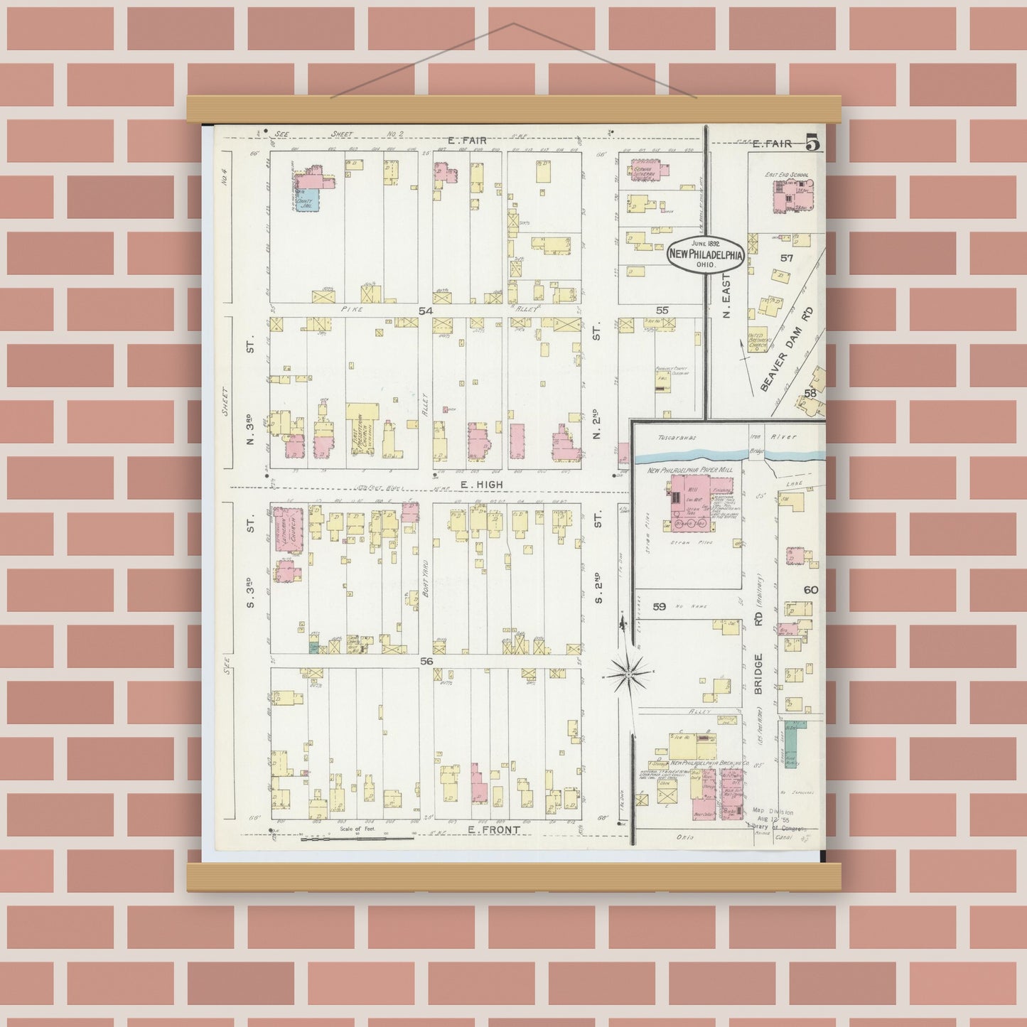 Old map wall art mockup — magnetic wood frame on brick wall — Sanborn Fire Insurance Map from New Philadelphia, Tuscarawas County, Ohio (1892), Sheet #0005
