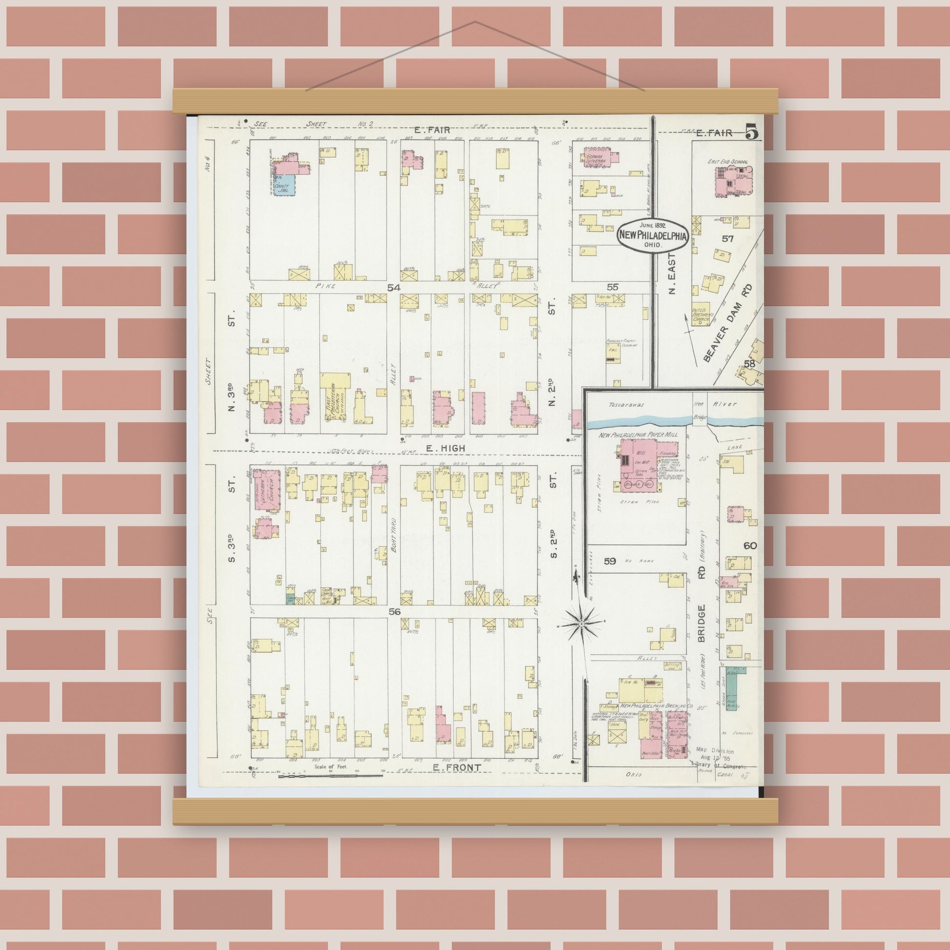 Old map wall art mockup — magnetic wood frame on brick wall — Sanborn Fire Insurance Map from New Philadelphia, Tuscarawas County, Ohio (1892), Sheet #0005