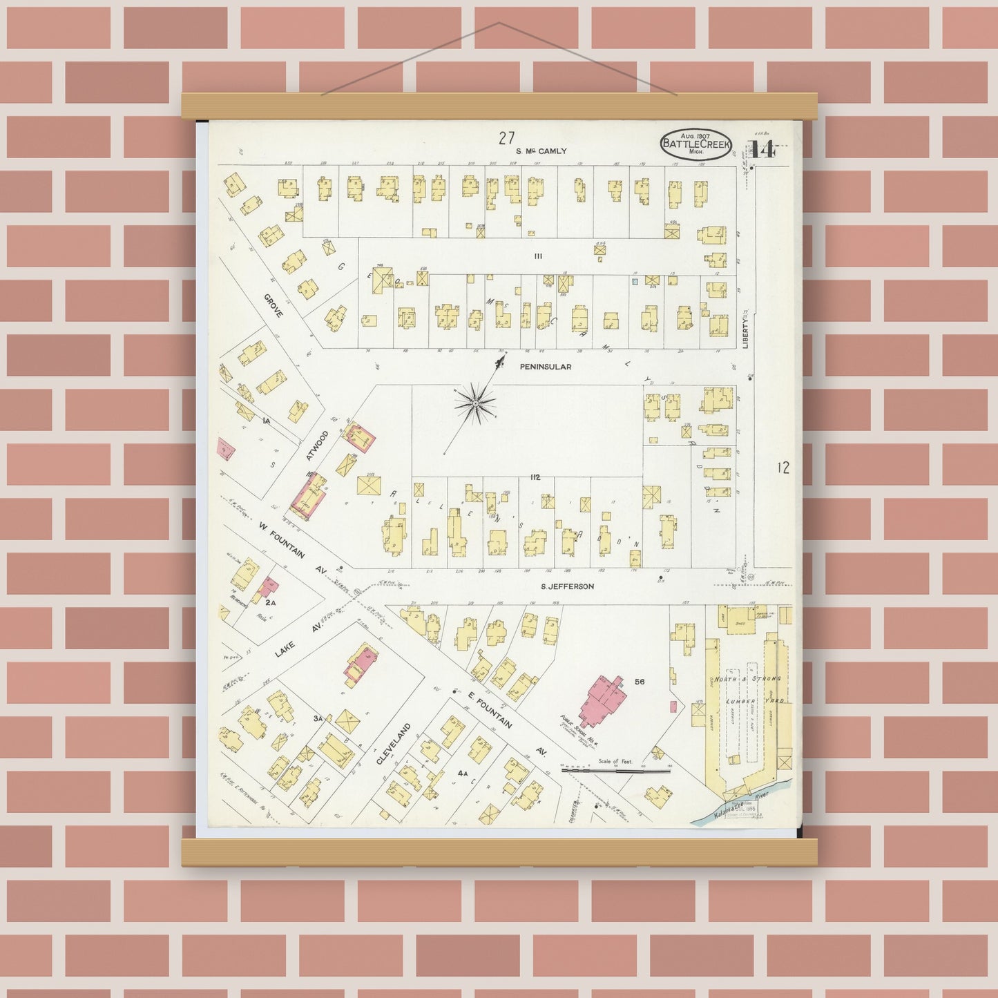 Old map wall art mockup — magnetic wood frame on brick wall — Sanborn Fire Insurance Map from Battle Creek, Calhoun County, Michigan (1907), Sheet #0014