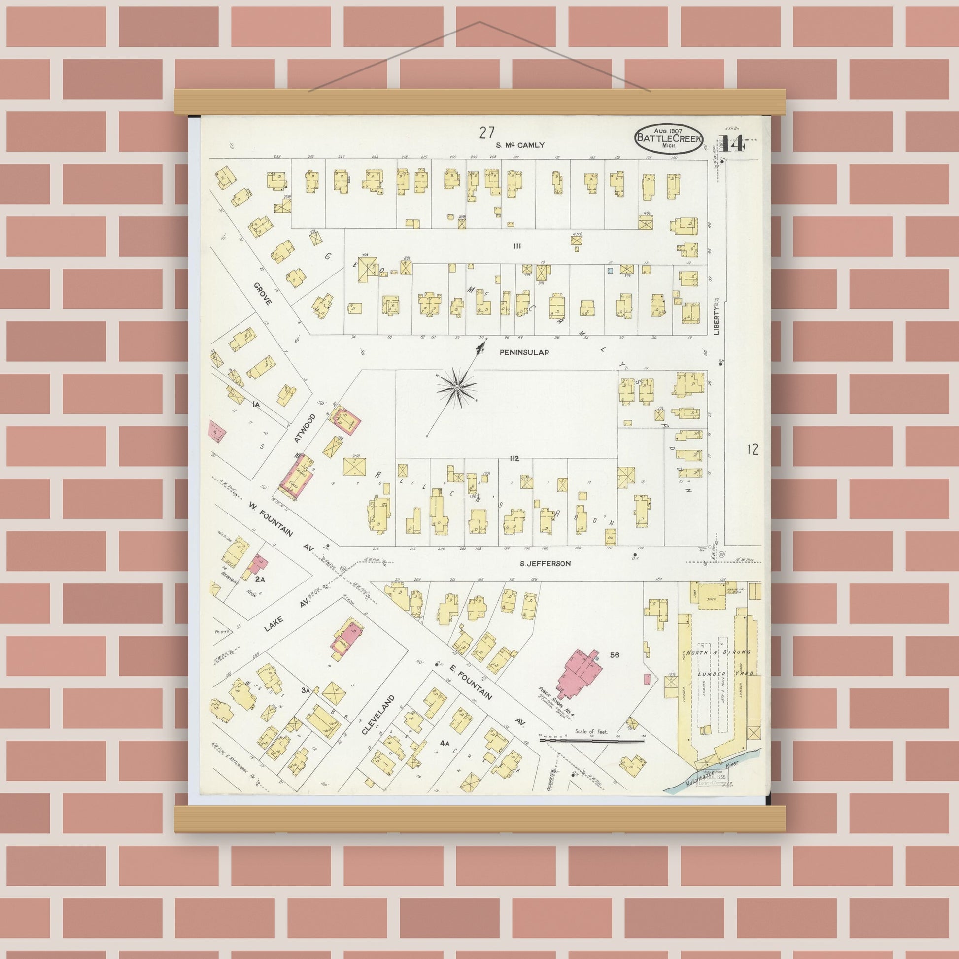 Old map wall art mockup — magnetic wood frame on brick wall — Sanborn Fire Insurance Map from Battle Creek, Calhoun County, Michigan (1907), Sheet #0014