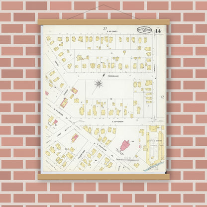 Old map wall art mockup — magnetic wood frame on brick wall — Sanborn Fire Insurance Map from Battle Creek, Calhoun County, Michigan (1907), Sheet #0014