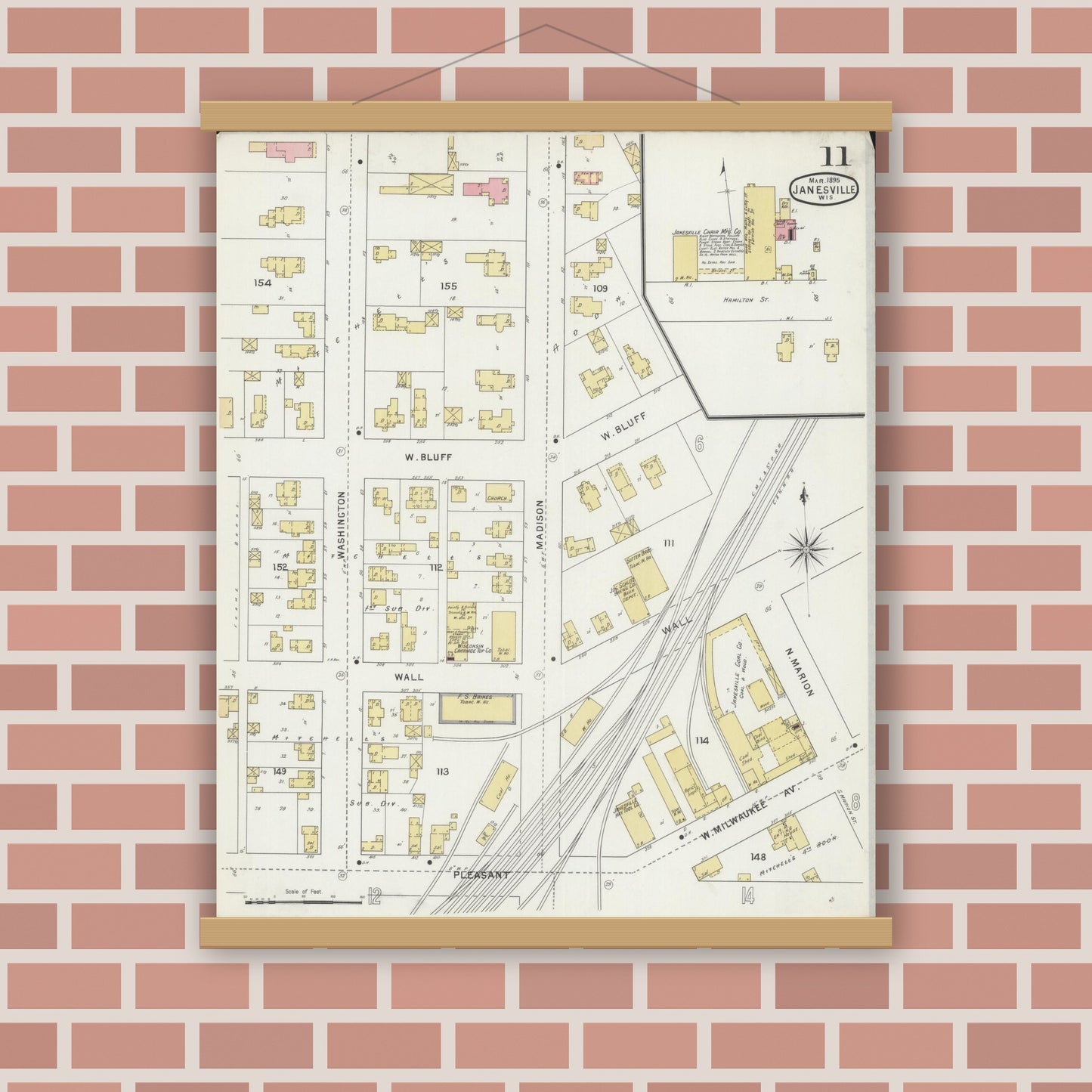 Old map wall art mockup — magnetic wood frame on brick wall — Sanborn Fire Insurance Map from Janesville, Rock County, Wisconsin (1895), Sheet #0011