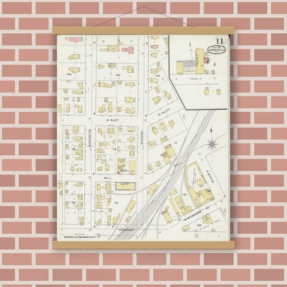 Old map wall art mockup — magnetic wood frame on brick wall — Sanborn Fire Insurance Map from Janesville, Rock County, Wisconsin (1895), Sheet #0011