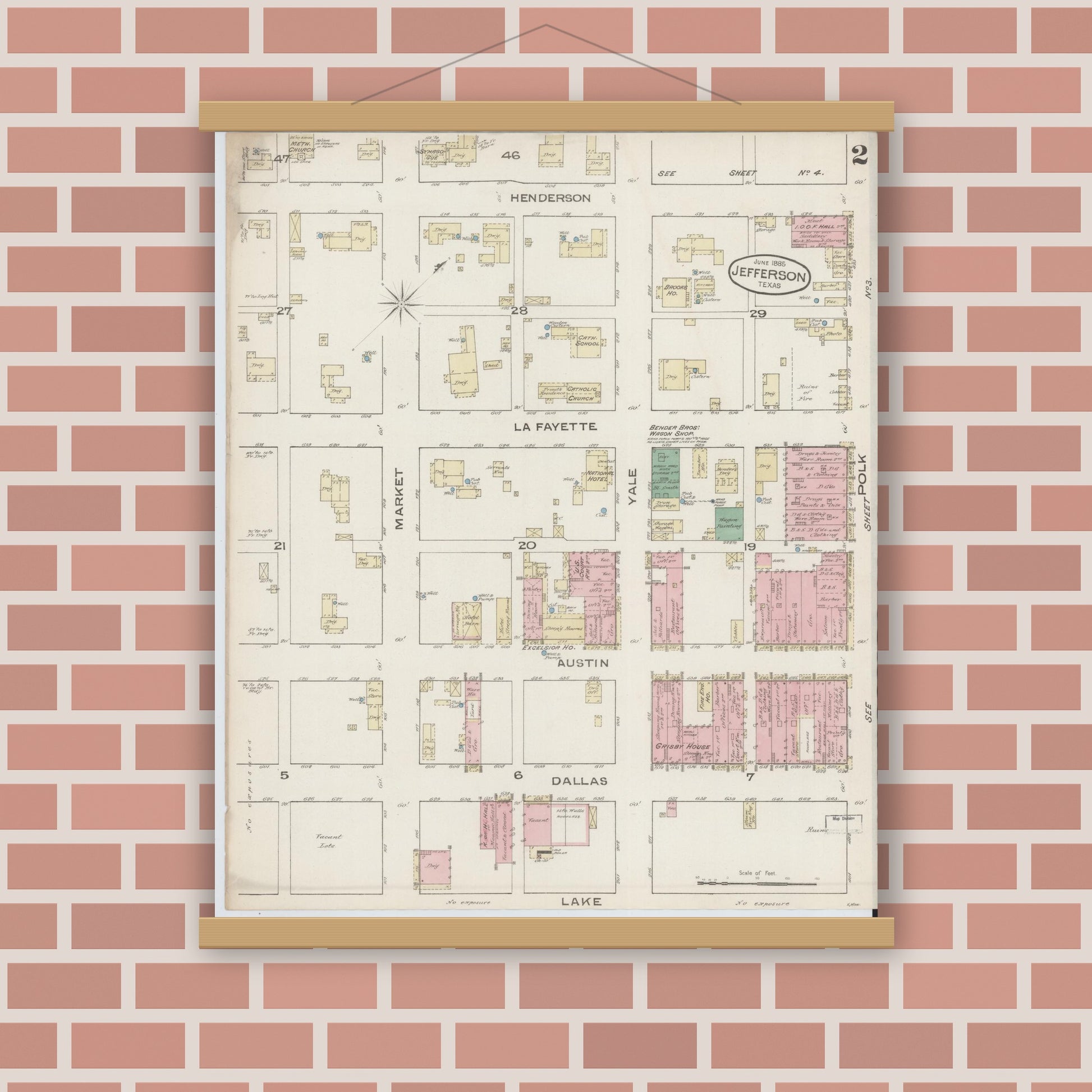 Old map wall art mockup — magnetic wood frame on brick wall — Sanborn Fire Insurance Map from Jefferson, Marion County, Texas (1885), Sheet #0002