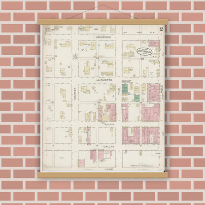 Old map wall art mockup — magnetic wood frame on brick wall — Sanborn Fire Insurance Map from Jefferson, Marion County, Texas (1885), Sheet #0002