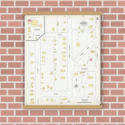 Old map wall art mockup — magnetic wood frame on brick wall — Sanborn Fire Insurance Map from Wyoming, Stark County, Illinois (1907), Sheet #0002
