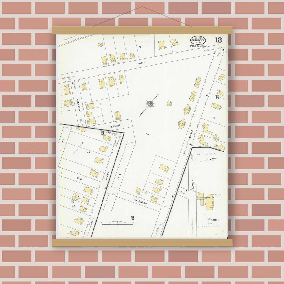 Old map wall art mockup — magnetic wood frame on brick wall — Sanborn Fire Insurance Map from Chicopee, Hampden County, Massachusetts (1910), Sheet #0018