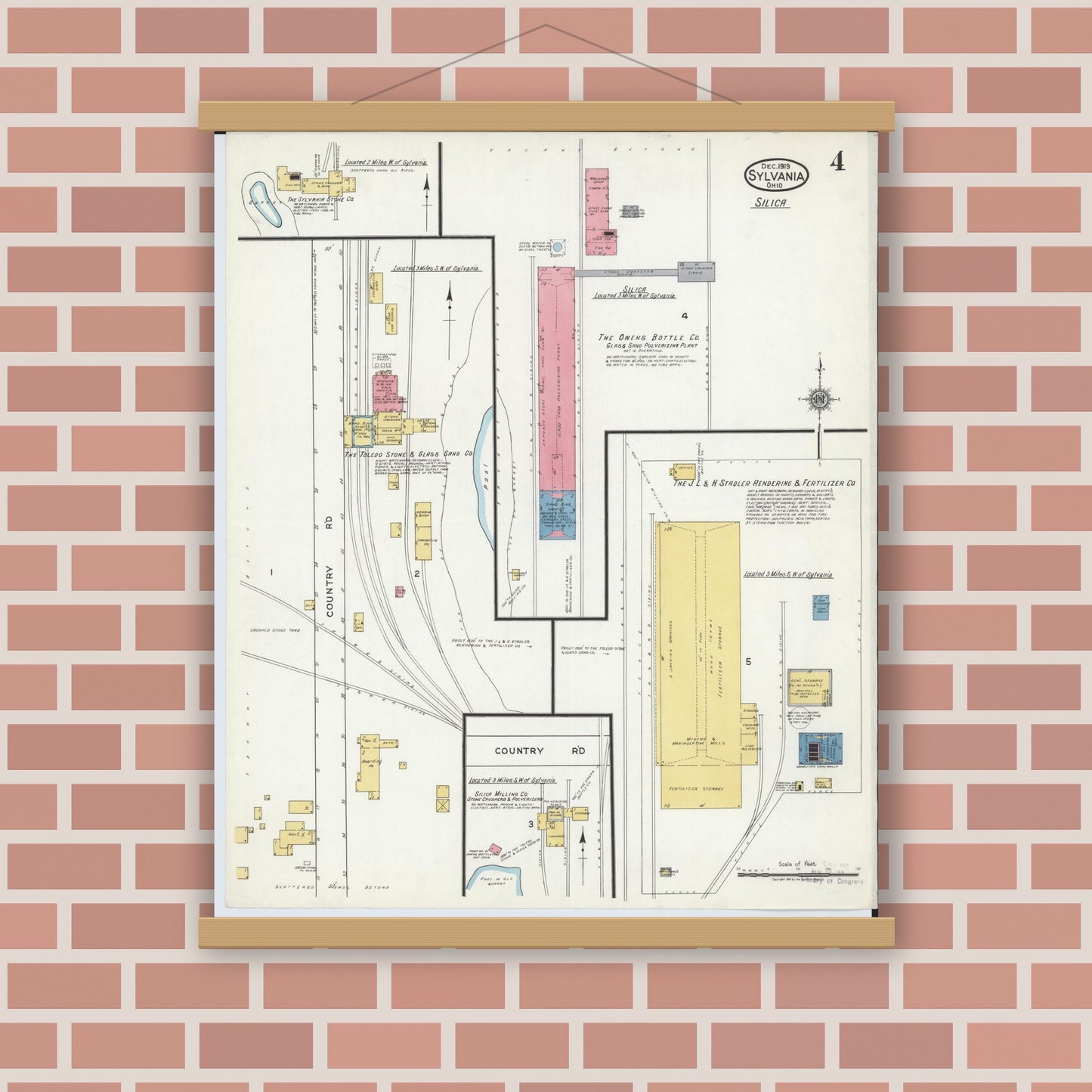 Old map wall art mockup — magnetic wood frame on brick wall — Sanborn Fire Insurance Map from Sylvania, Lucas County, Ohio (1919), Sheet #0004