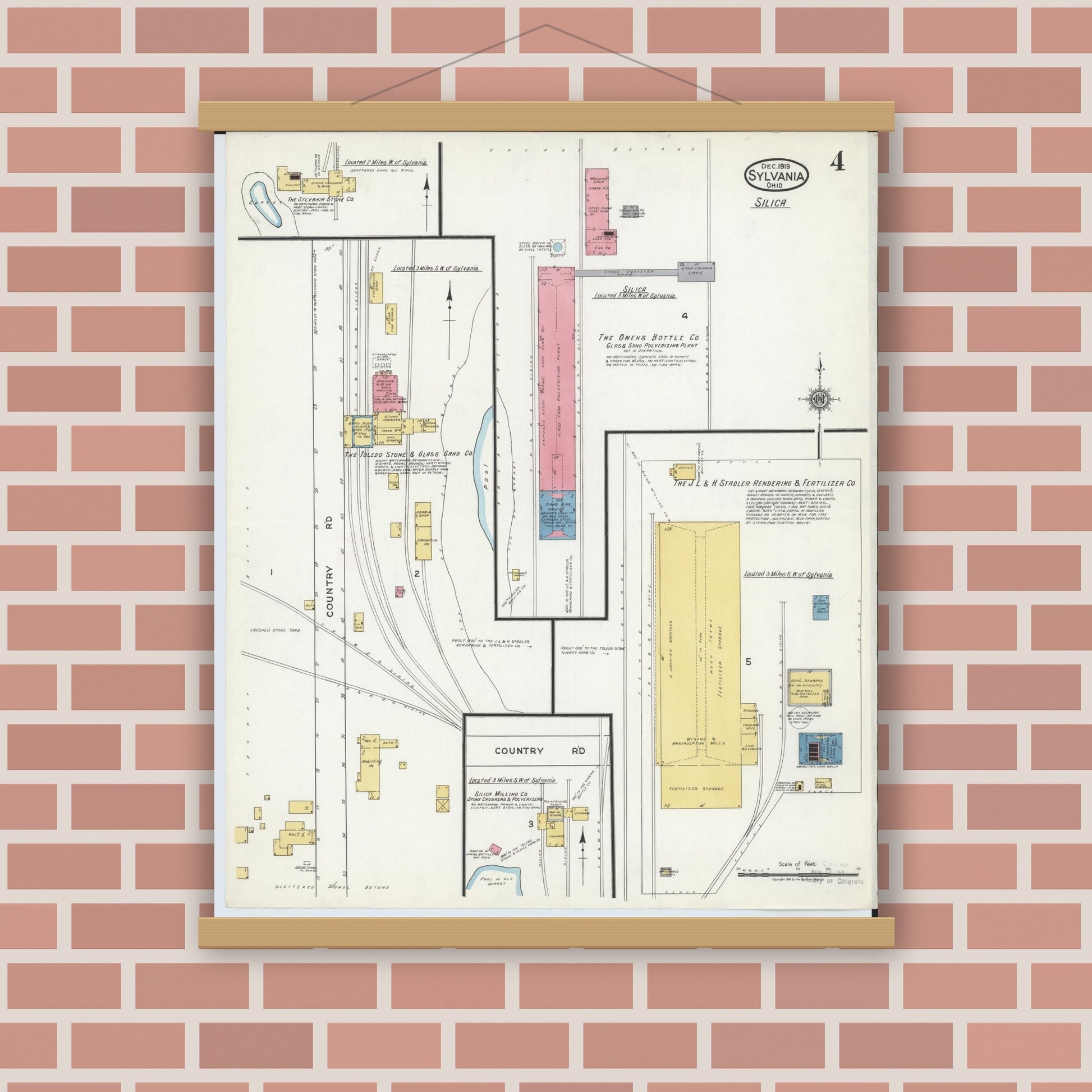 Old map wall art mockup — magnetic wood frame on brick wall — Sanborn Fire Insurance Map from Sylvania, Lucas County, Ohio (1919), Sheet #0004