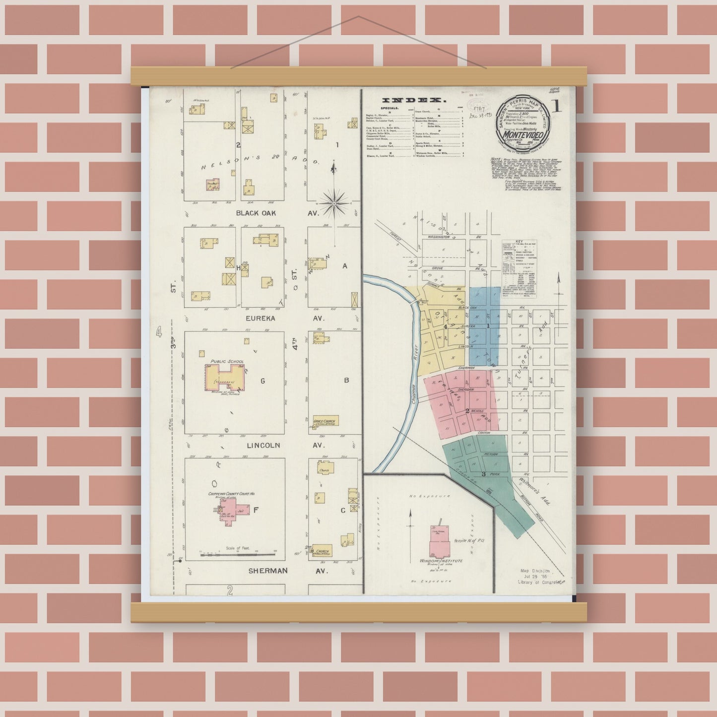 Old map wall art mockup — magnetic wood frame on brick wall — Sanborn Fire Insurance Map from Montevideo, Chippewa County, Minnesota (1893), Sheet #0001