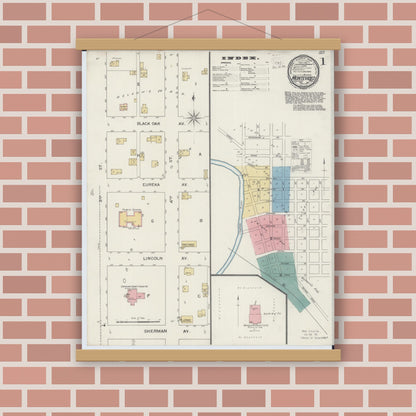 Old map wall art mockup — magnetic wood frame on brick wall — Sanborn Fire Insurance Map from Montevideo, Chippewa County, Minnesota (1893), Sheet #0001