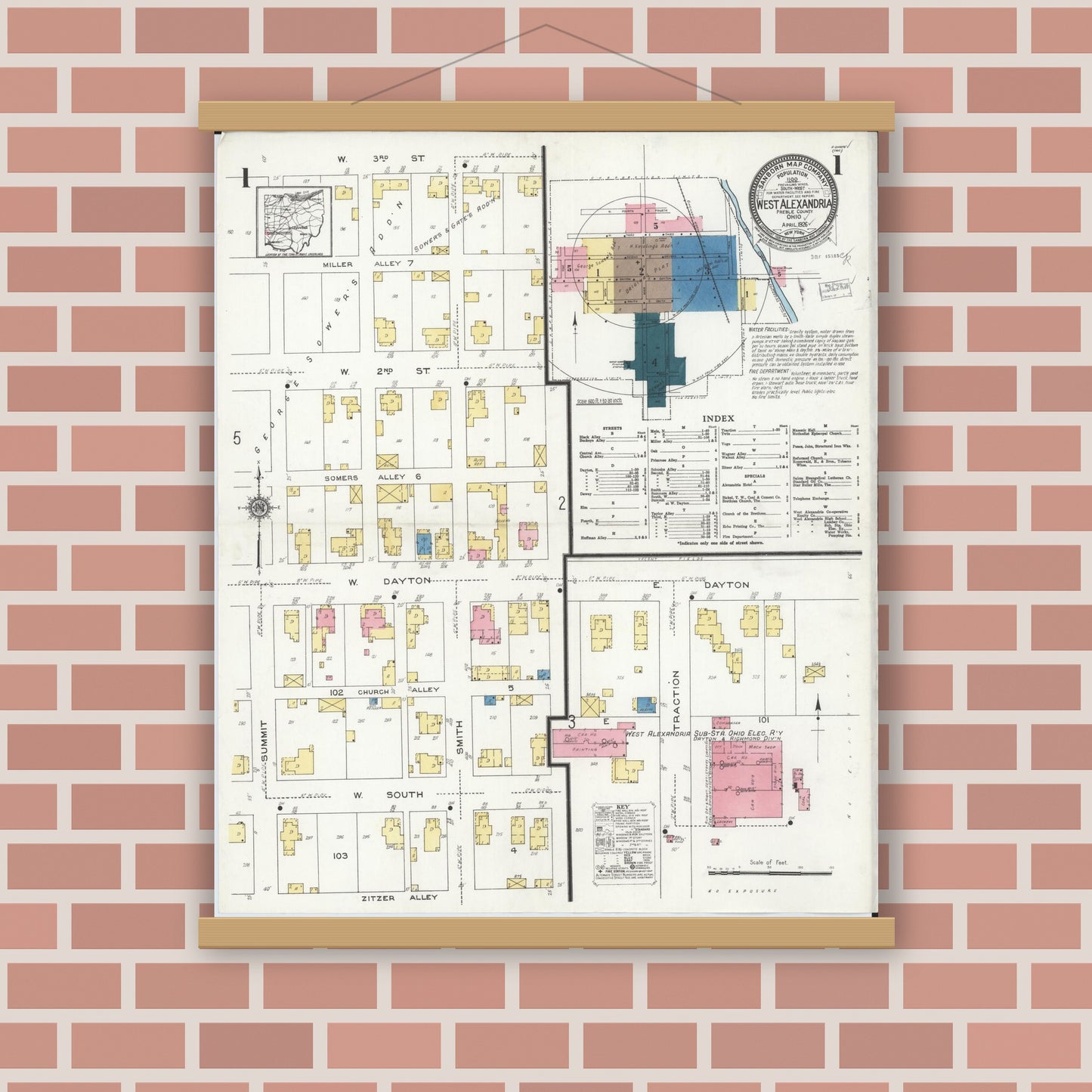 Old map wall art mockup — magnetic wood frame on brick wall — Sanborn Fire Insurance Map from West Alexandria, Preble County, Ohio (1926), Sheet #0001