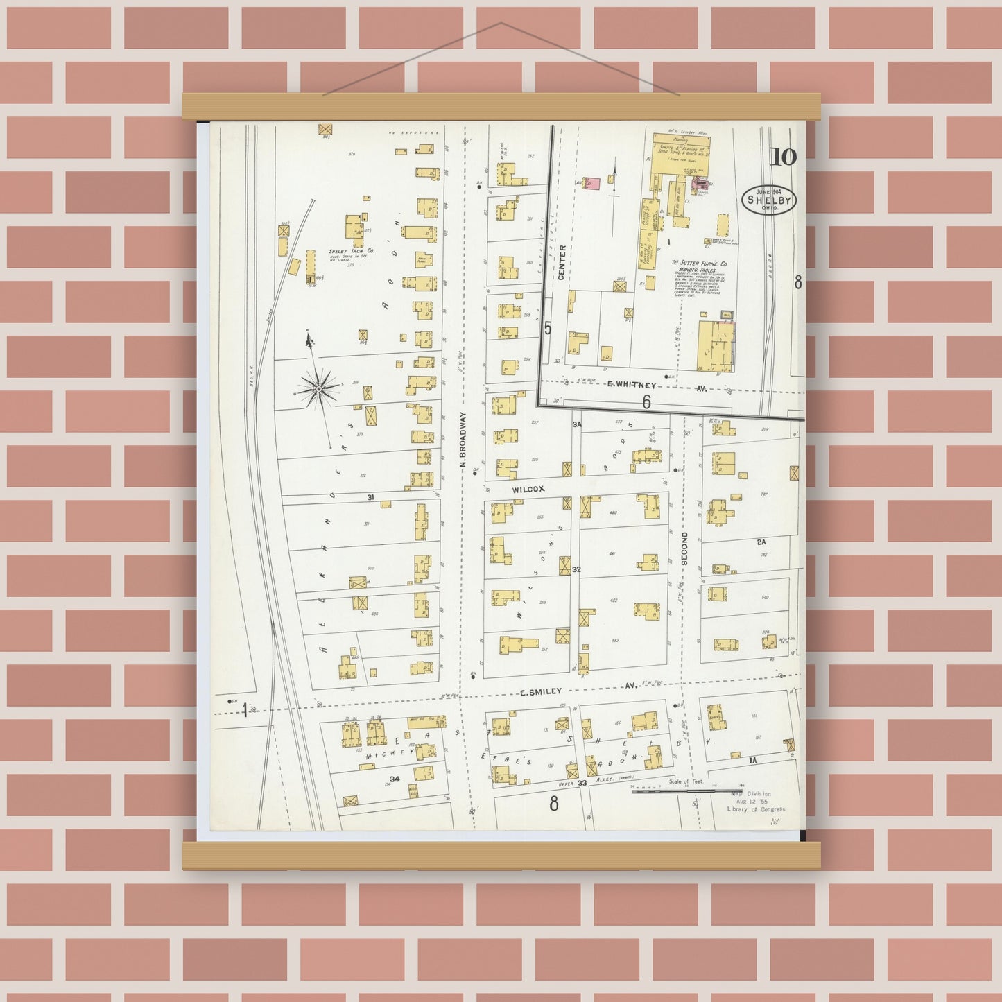 Old map wall art mockup — magnetic wood frame on brick wall — Sanborn Fire Insurance Map from Shelby, Richland County, Ohio (1904), Sheet #0010