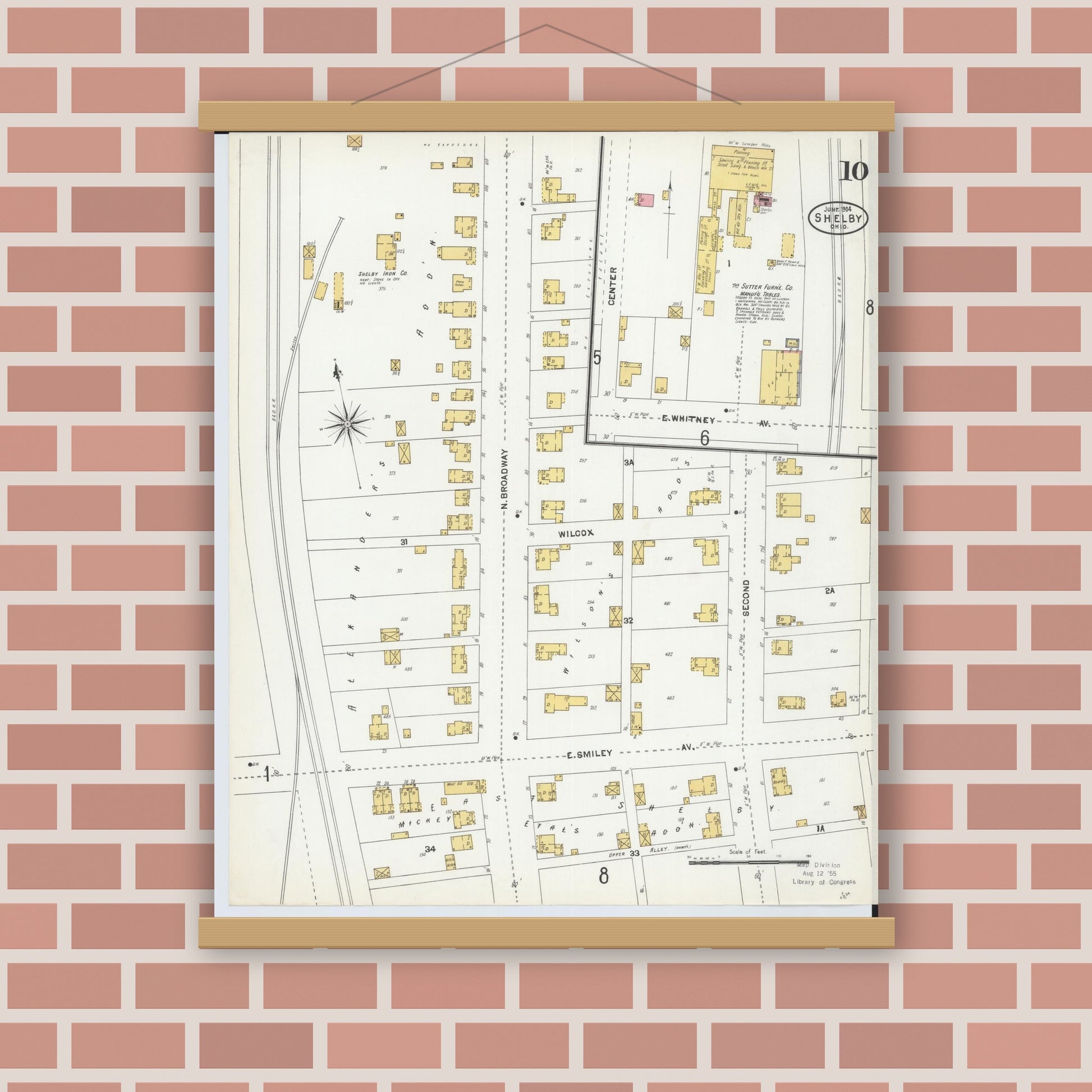 Old map wall art mockup — magnetic wood frame on brick wall — Sanborn Fire Insurance Map from Shelby, Richland County, Ohio (1904), Sheet #0010