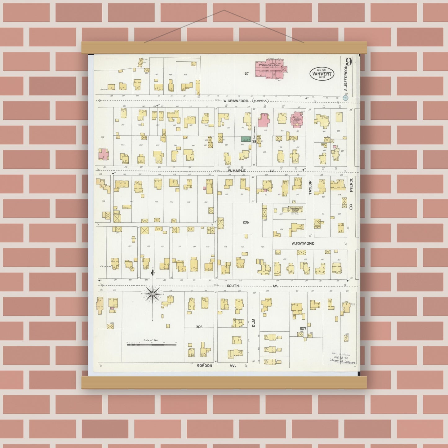 Old map wall art mockup — magnetic wood frame on brick wall — Sanborn Fire Insurance Map from Van Wert, Van Wert County, Ohio (1901), Sheet #0009