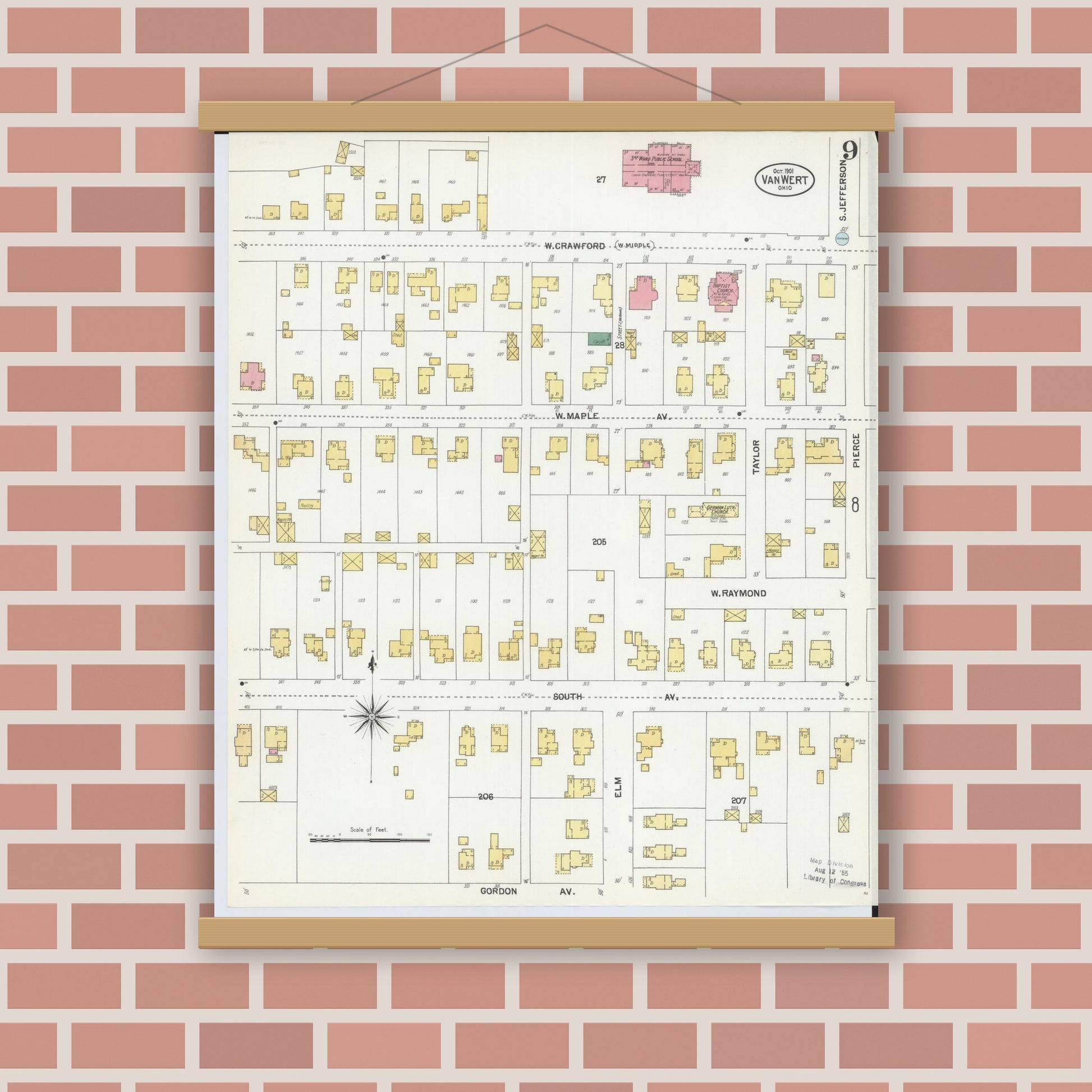 Old map wall art mockup — magnetic wood frame on brick wall — Sanborn Fire Insurance Map from Van Wert, Van Wert County, Ohio (1901), Sheet #0009