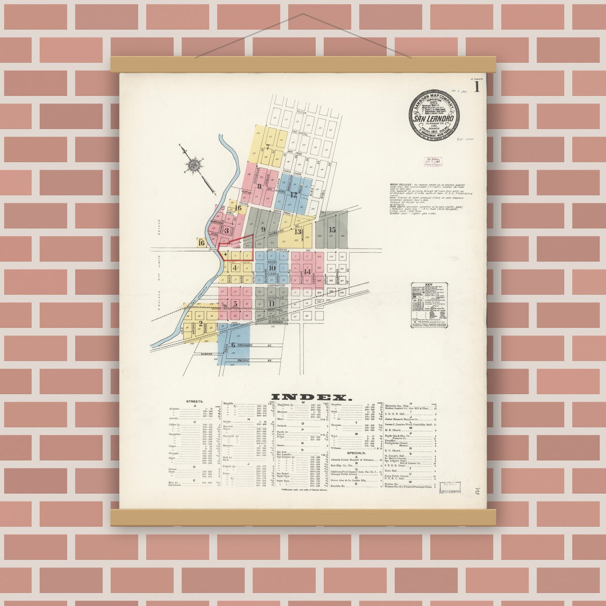 Old map wall art mockup — magnetic wood frame on brick wall — Sanborn Fire Insurance Map from San Leandro, Alameda County, California (1911) - Complete Map Set