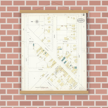 Old map wall art mockup — magnetic wood frame on brick wall — Sanborn Fire Insurance Map from Hueneme, Ventura County, California (1898), Sheet #0002