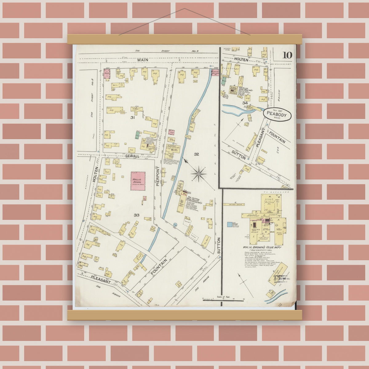 Old map wall art mockup — magnetic wood frame on brick wall — Sanborn Fire Insurance Map from Peabody, Essex County, Massachusetts (1887), Sheet #0010