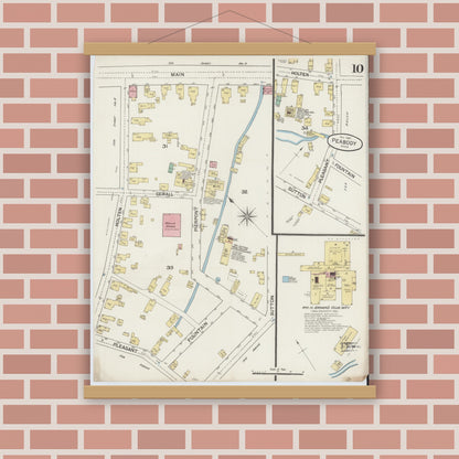 Old map wall art mockup — magnetic wood frame on brick wall — Sanborn Fire Insurance Map from Peabody, Essex County, Massachusetts (1887), Sheet #0010
